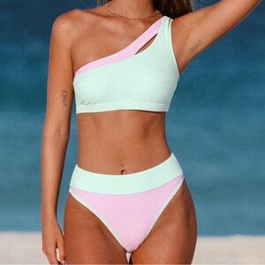 women’s pink & mint one shoulder bikini - cupshe!